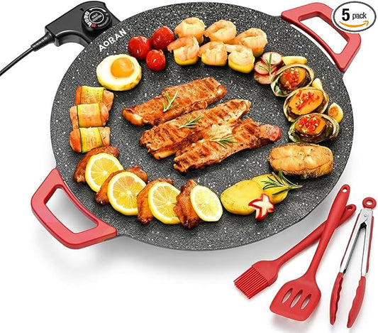 AORAN Indoor Grill Electric Smokeless Set – Nonstick Electric Griddle for Indoor Use, Compact & Versatile Cooking for Steaks, Pancakes & BBQ, Includes Silicone Spatula, Oil Brush & Food Tongs