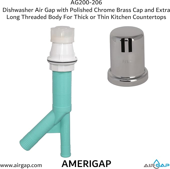 Dishwasher Air Gap with Skirted Polished Chrome Brass Cap and Extra Long Threaded Body for Thick or Thin Kitchen Countertops (AG200-206, AG200-X06, AMERIGAP)