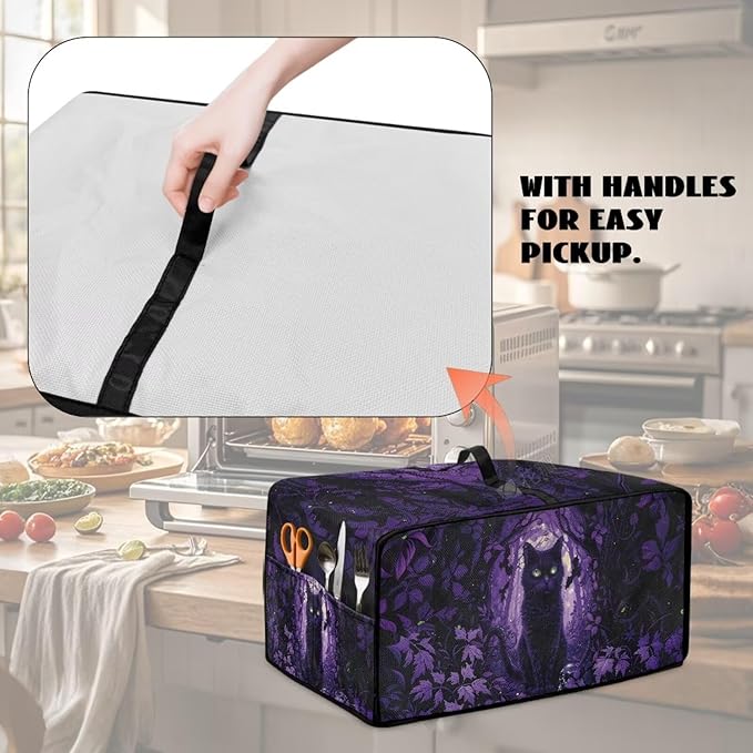 Countertop Convection Oven Cover Decorative and Protective Air Fryer Toaster Oven Dust Cover for Home Kitchen Indoor Decor, S, Black Cat Skull Bat Violet Forest Halloween