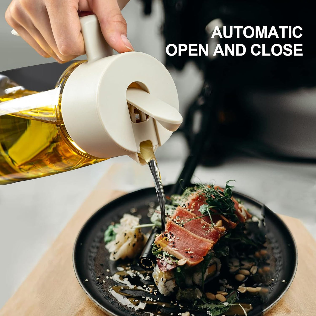 Olive Oil Dispenser Bottle for Kitchen with Leakproof and Dust Cover, Auto-Open & Close Glass Olive Oil Bottle with Non-Slip Bottom 600ml Cooking Oil and Vinegar Cruet Dispenser (Off-White)
