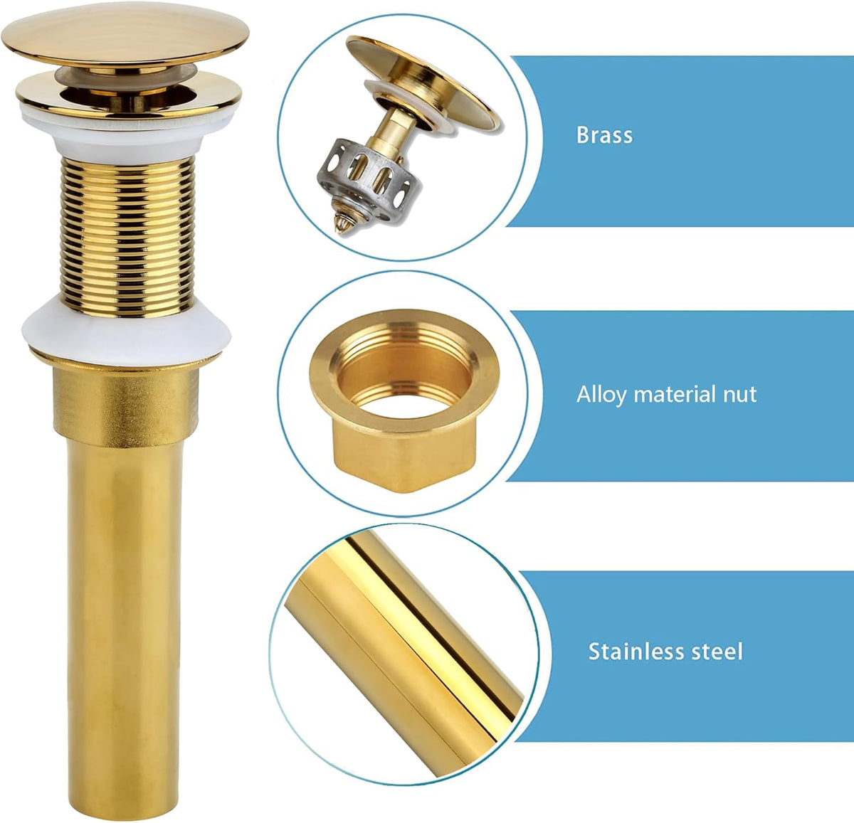 Bathroom Sink Drain, 2 Pack Gold Drain Stopper Bathroom Sink Without Overflow, Pop Up Drain Assembly with Detachable Strainer Basket, Built-in Anti-Clogging Strainer,Stainless Steel