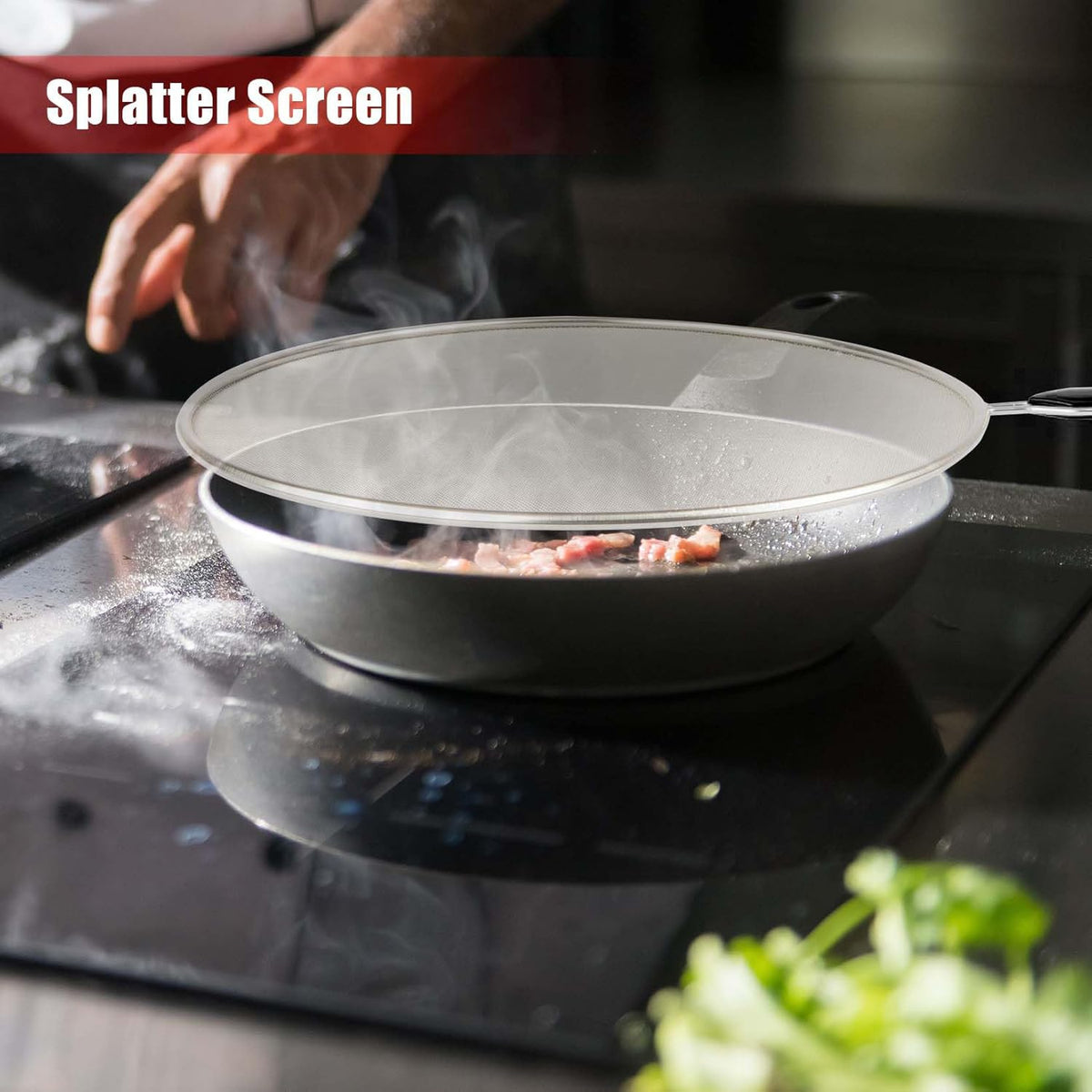 Splatter Screen for Frying Pan, Grease Splatter Guard, Stainless Steel Splatter Guards for Frying with Long Handle, Kitchen Oil Splash Guard Cooking Shield, Fine Mesh Strainer (Black, 12 inch)