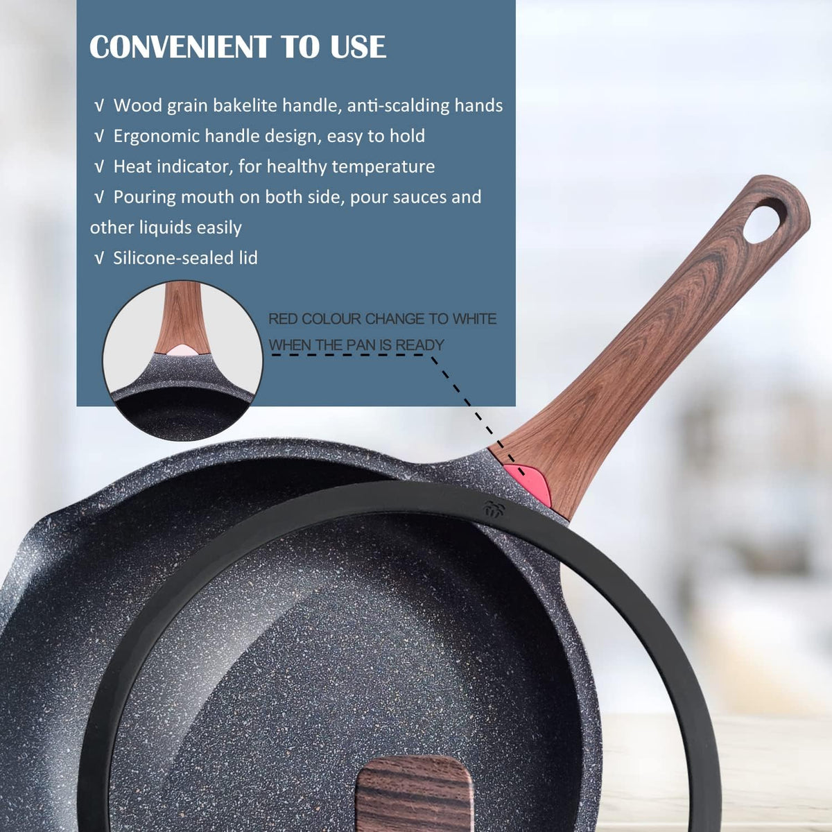 Vinchef Nonstick Deep Frying Pan Saute Pan with Lid, 12in/5.5Qt Fry Pan, German 3C+ Ceramic Coating Technology, Heat Indicator, Induction Compatible