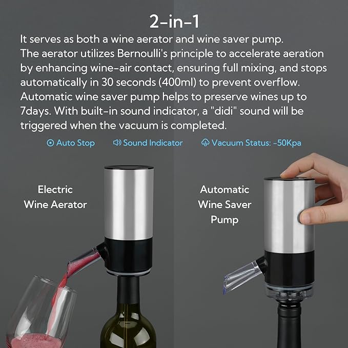KITCHENDAO Rechargeable Electric Wine Aerator Dispenser and Wine Saver Pump with Sound Indicator