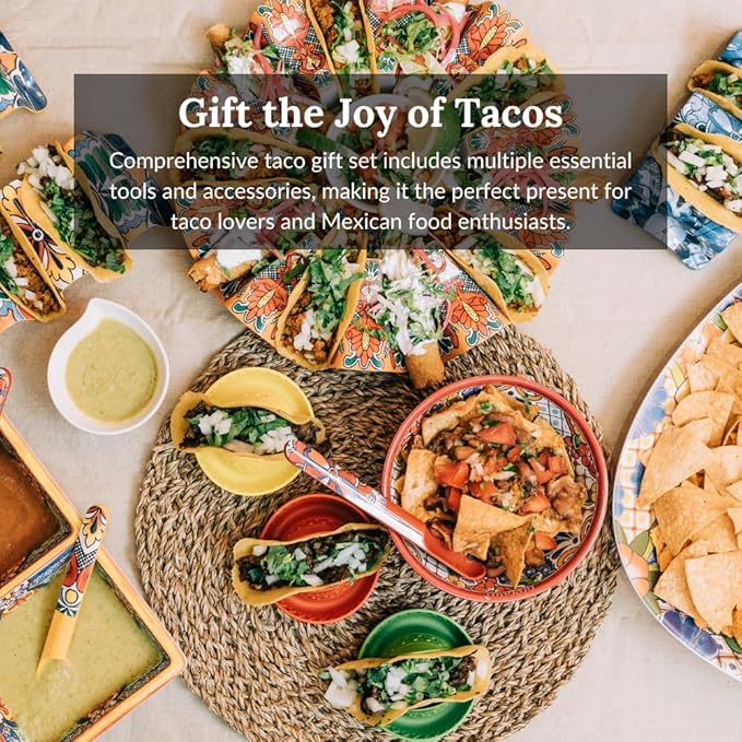 Prepara Taco Gift Set, Talavera - Taco Fiesta Talavera Pattern Serving Set for Taco Tuesday Night Parties, 6-Inch Party Bowl, 4 Taco Spoons for Easy Scooping, 4 Reversible Taco Holders