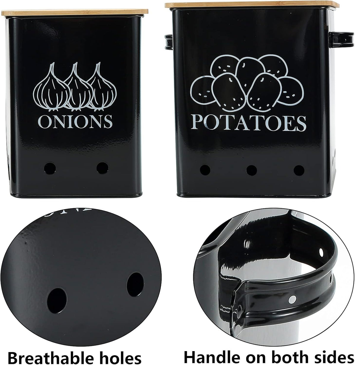 Kitchen Vegetable Storage Tins Set of 2 for Potatoes, Onion, with wooden lid Garlic Bin Caddy, Long Shelf Life-Black