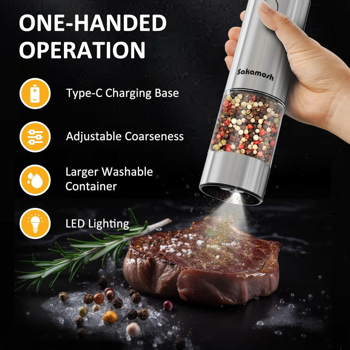 Electric Salt and Pepper Grinder Set USB Rechargeable Base, Stainless Steel Automatic Pepper and Salt Shakers with Adjustable Coarseness, LED Light, Ideal Gifts for Housewarming, Parents, Friends