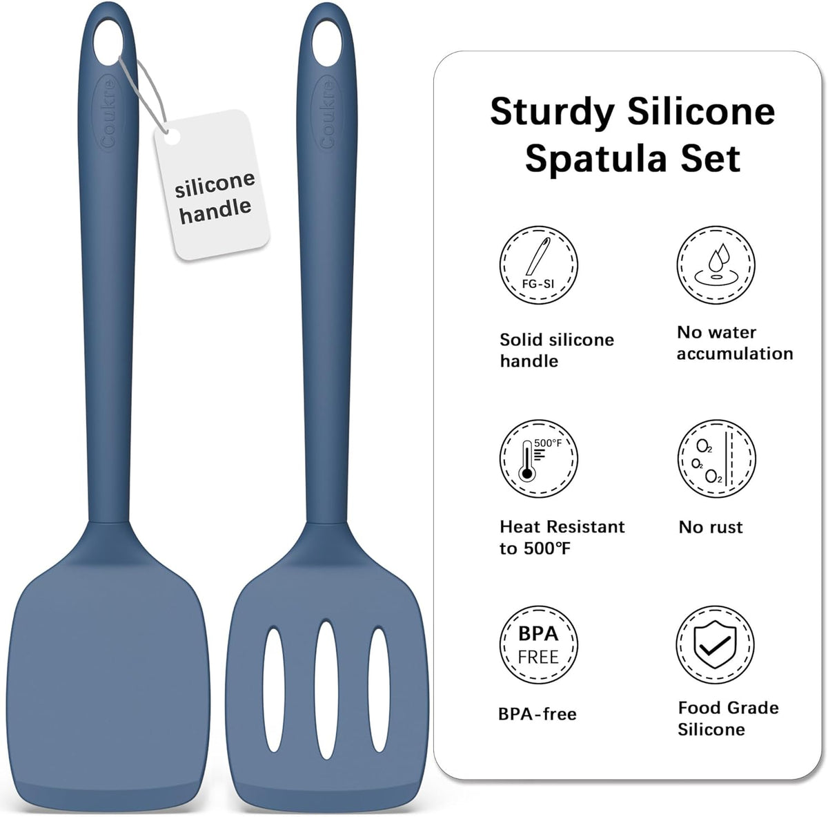 Coukre 2 Pack Silicone Spatula Set, High Heat Resistant, BPA Free Kitchen Spatula, Solid & Slotted Turner for Non-Stick Pans, Sautéing, and Flipping (2, PureDarkBlue)