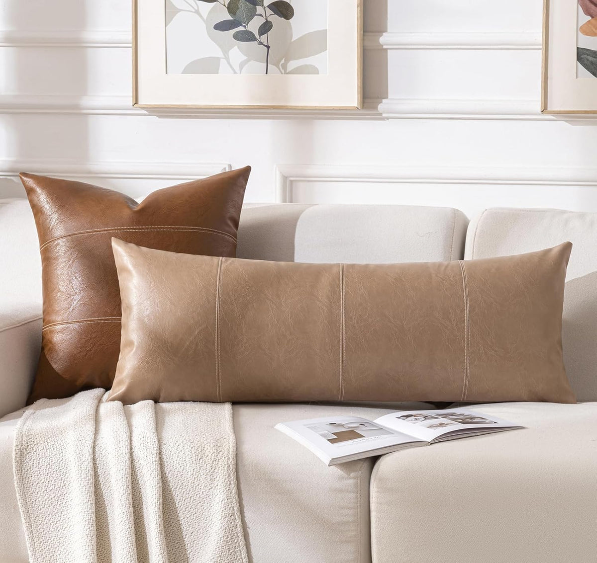 Fancy Homi Tan Long Lumbar Waterproof Faux Leather Body Decorative Throw Pillow Cover 14x36 Inch for Bedroom Couch Bed Bench, Beige Hand Stitched Cushion Case, Taupe Modern Farmhouse Room Decor