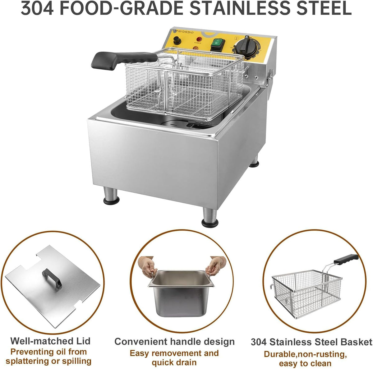 Large Deep Fryer with Basket and Lid 10L(10.6Qt), 304SS Electric Deep Fryer for Home and Commercial, Countertop Deep Fryers, 1750W Fast Heating, 120V
