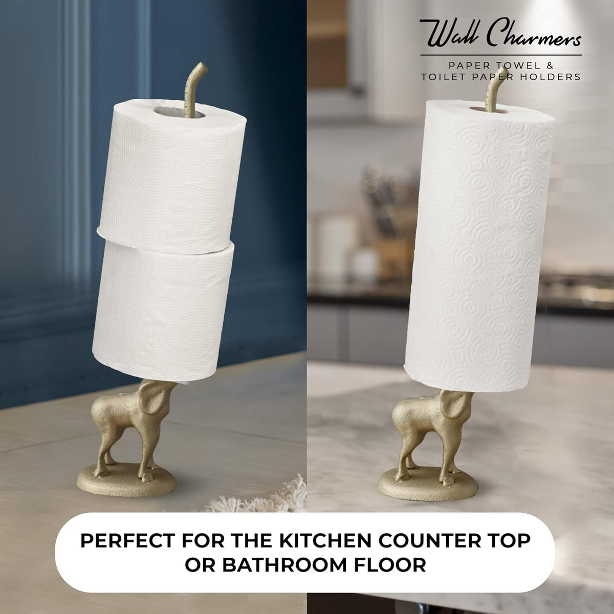 WallCharmers Gold Paper Towel Holder, Metal Toilet or Kitchen Paper Holder for Floor or Countertop, Gold Elephant