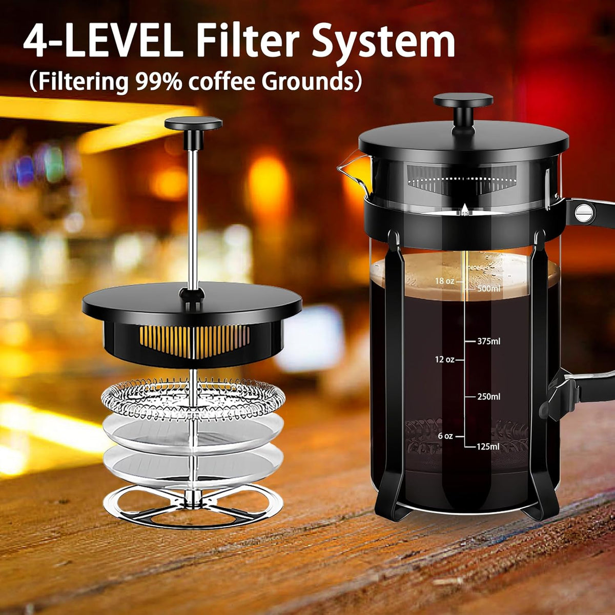 French Press Coffee Maker 304 Stainless Steel Coffee Press,with 4 Filters System, Heat Resistant Thickness Borosilicate French Press Glass, BPA-Free Brewed Tea Pot Coffee Plunger(Copper 12oz)