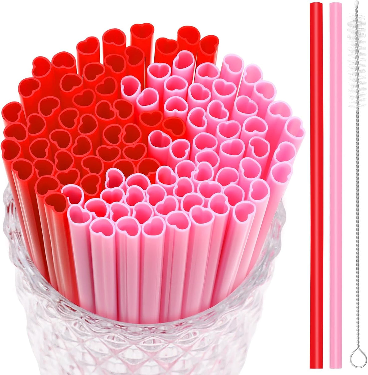 JANYUN 30 Pcs Pink Red Heart Shaped Straws, Reusable Valentines Plastic Drinking Straw for Valentines Day Party Favors Birthday Bridal Shower Wedding Supplies