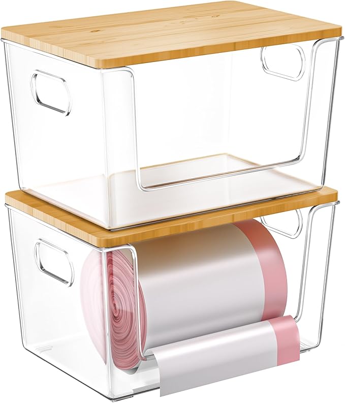 2 Set Pantry Organizer and Storage, Stackable Trash Bag Dispenser Clear Acrylic Kitchen Counter Pantry Baskets for Potato, Onion, Produce, Fruit, Vegetable, Snack, Trash Bag Holder with Bamboo Lid