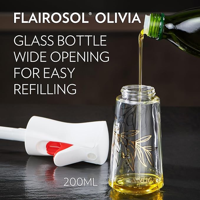 FLAIROSOL OLIVIA 130ml and 200ml Glass Oil Sprayer for Cooking, Continuous Spray with Portion Control