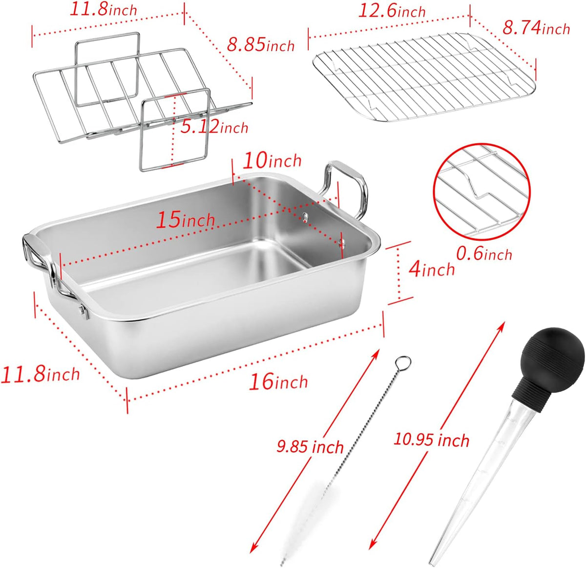 15 Inch Stainless Steel Roasting Pan with Cooling Rack - Turkey, Chicken, Ham Roaster with V-Shaped Baking Rack by Kendane