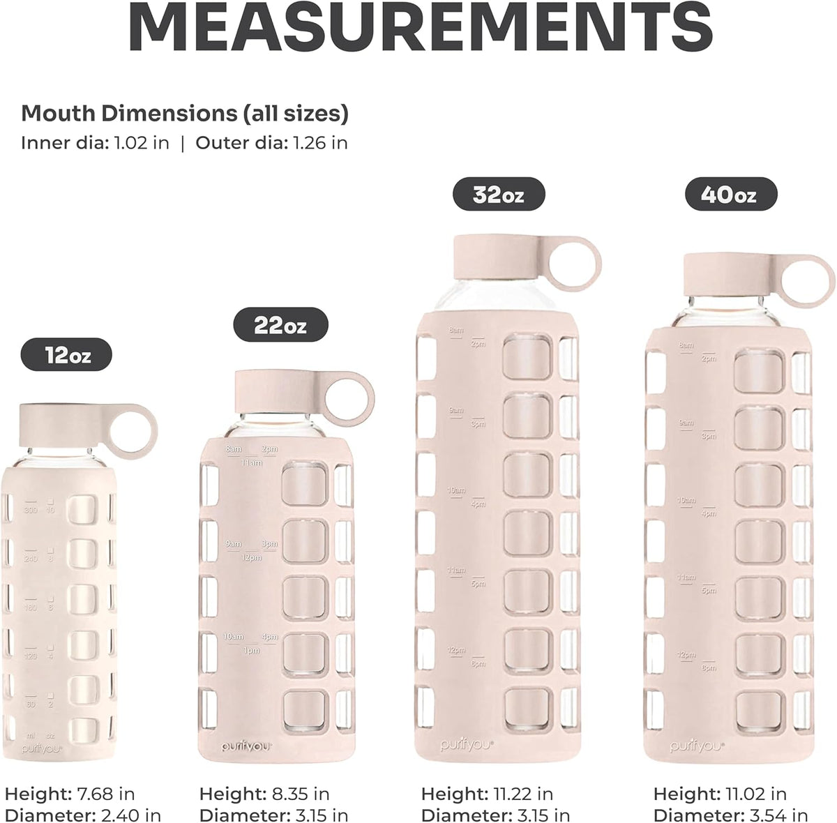 purifyou 40oz / 32oz / 22oz / 12oz Borosilicate Glass Water Bottle with Time & Volume Markers, Silicone Sleeve, Stainless Steel Lid – Reusable Glass Bottle for Water & Juice (22oz Pearled Ivory)
