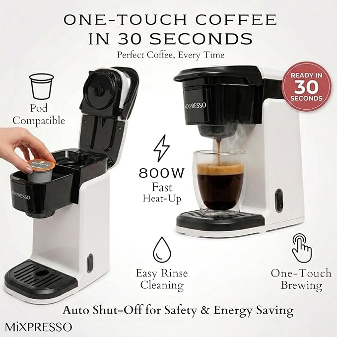 Mixpresso White Single Serve Coffee Maker for K Capsule, Compact Mini Coffee Maker 800 Watt Coffee Machine for Pods or Ground, Fast Brew, Auto Shut Off, 12 Oz Brew Size for Travel, Office, RV and Dorm