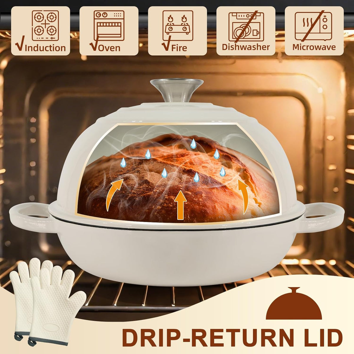 AHJ 6QT Dutch Oven For Bread Baking, Enameled Cast Iron Dutch Oven Pot with Lid, Multi-Functional Bread pan, Sourdough Baking Supplies with Proofing Basket, Cast Iron Bread Oven, Silicone Sling & Gloves.