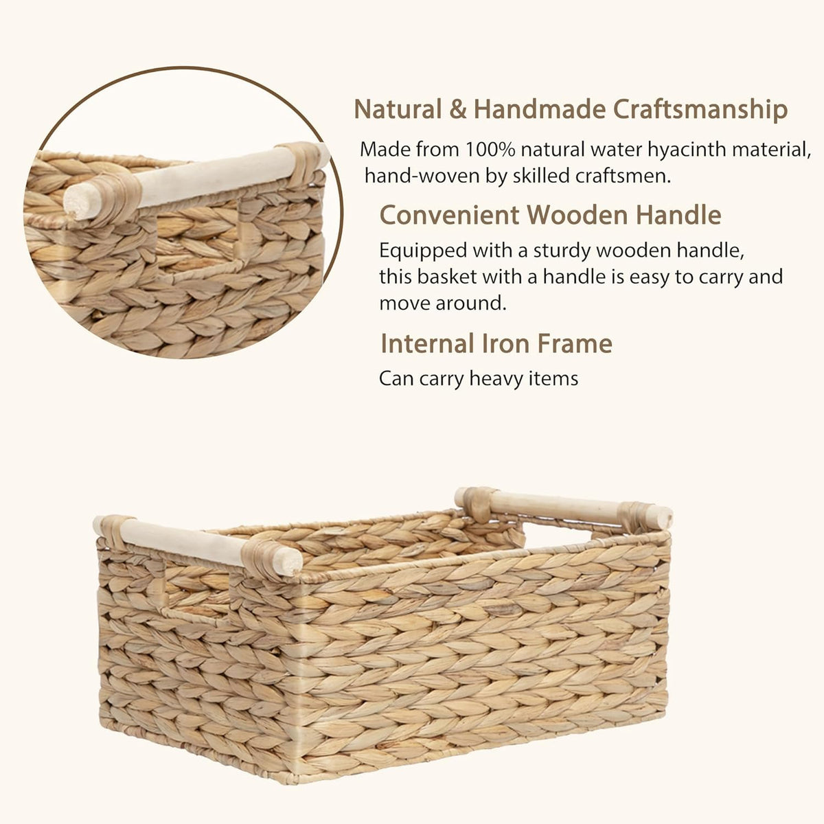 Handmade Water Hyacinth Woven Storage Baskets with Wooden Handles, Rectangle Rustic Organizer Set for Home Decor, Kitchen, Bedroom & Office (Medium)