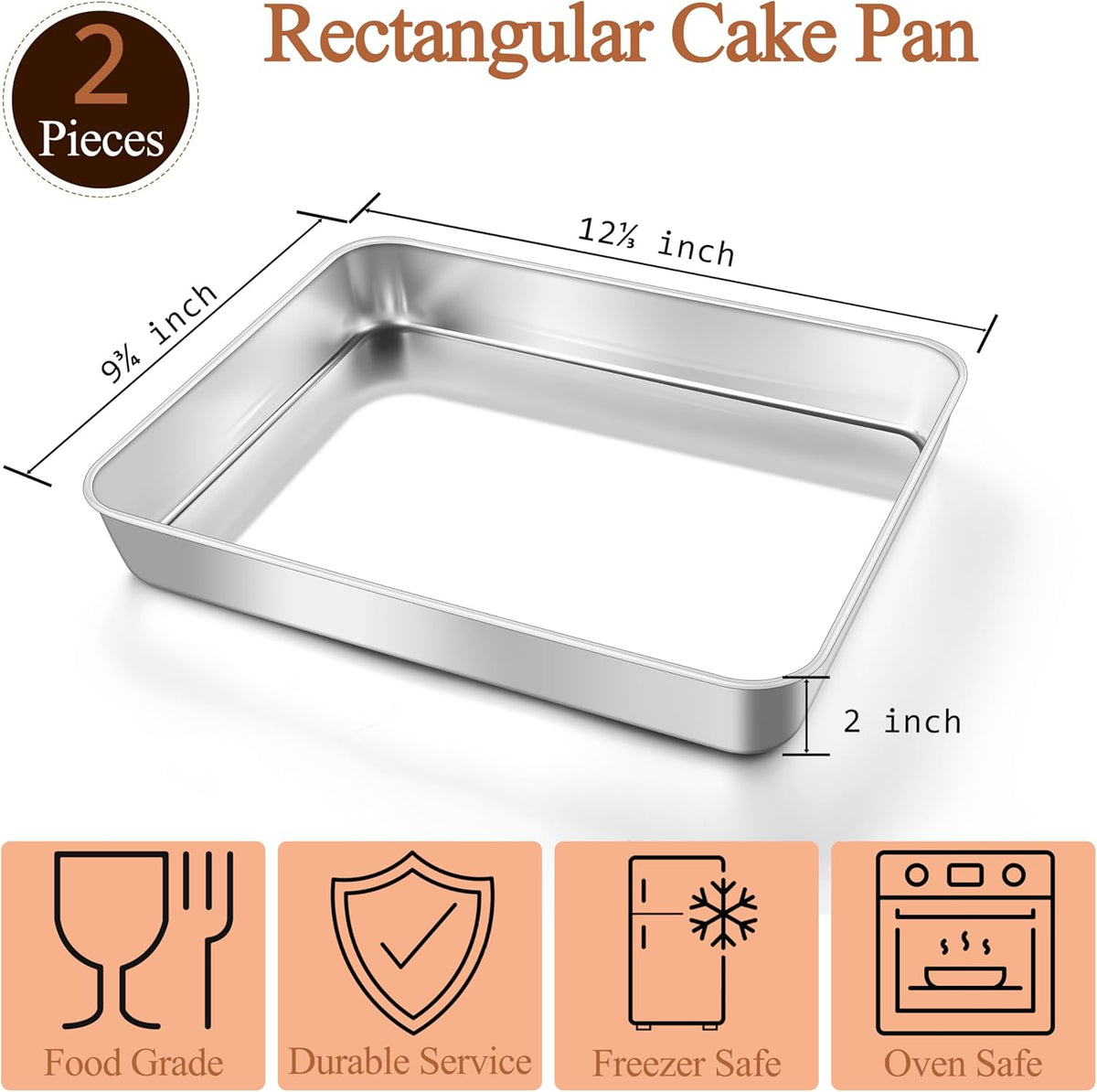 LIANYU Baking Pan Set of 2, 12⅓ x 9¾ x 2 Inch Cake Lasagna Brownies Casseroles Pan, Rectangle Stainless Steel Bakeware Set for Baking Roasting Toaster Oven, Dishwasher Safe