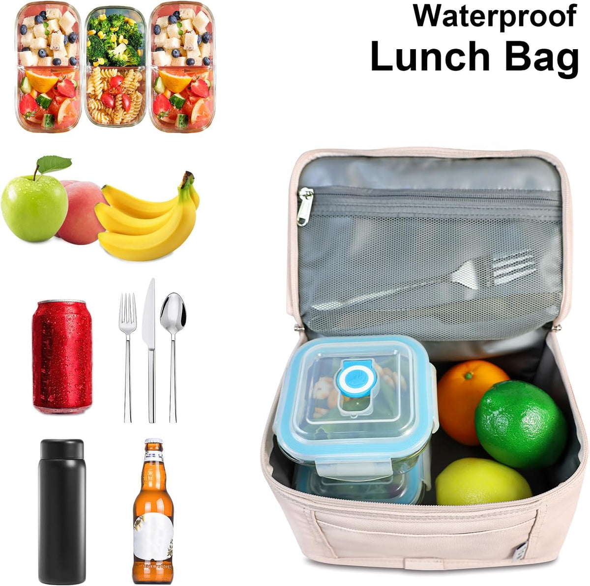 NOL Natural Organic Lifestyle Small Lunch Bag Mini Lunch Box Insulated Lunch Bag for Men/Women Leakproof Cooler Tote Bag Lightweight Nylon Waterproof Lunch Box For Work, Cream