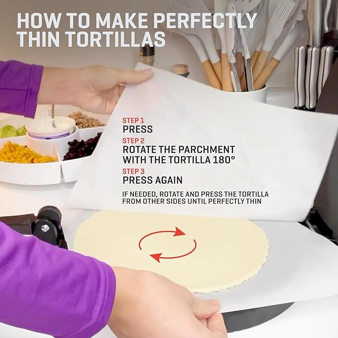 Uno Casa Cast Iron Tortilla Press 10 Inch - Tortilla Maker Press, Pre-Seasoned Roti Maker with 100 Pcs Parchment Paper - Heavy Duty Quesadilla Maker for Homemade Flatbreads, Rotis, Empanadas