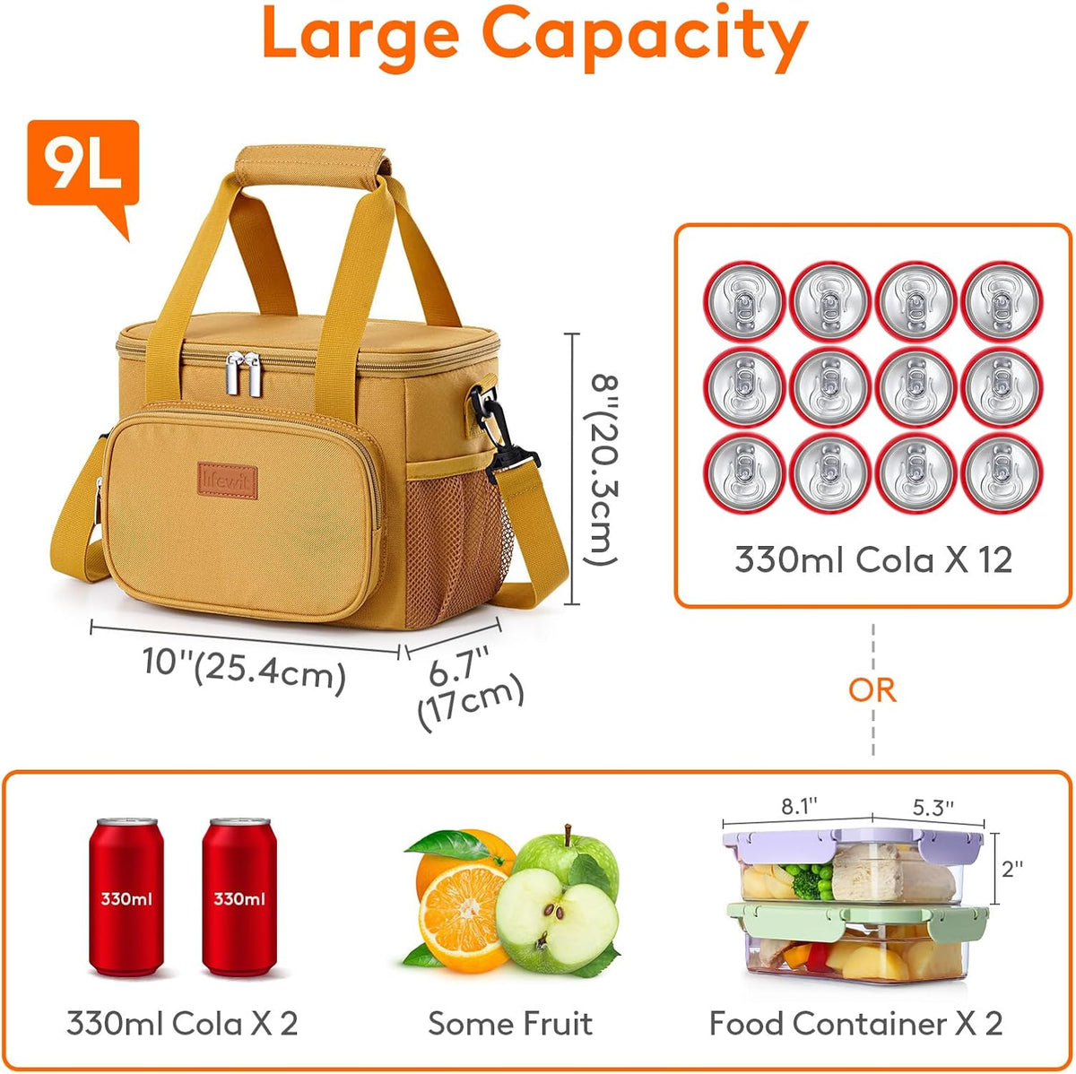 Lifewit Medium Lunch Bag Insulated Lunch Box Soft Cooler Cooling Tote for Adult Men Women, Brown 12-Can (9L)