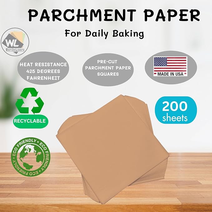 10 x 10 Inch Natural Parchment Paper Squares 200 Sheets | Made is USA | Worthy Liners Non-Stick Precut Baking Parchment, Perfect for baking and cooking