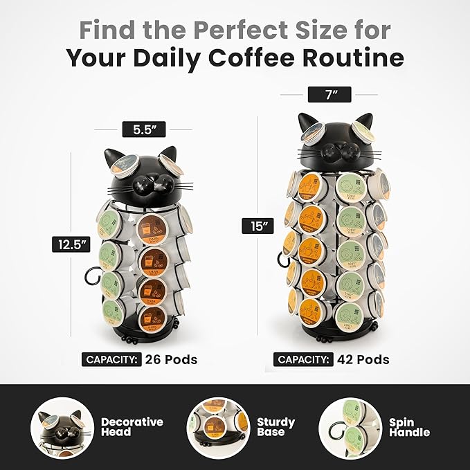 Made Easy Kit Carousel Coffee Pod Holder - Compatible with Keurig K-Pods K-Cups - Countertop 360 Spin Rack Storage Organizer - Revolving Base - Capsule Café Station Bar (Cat Black, Large)