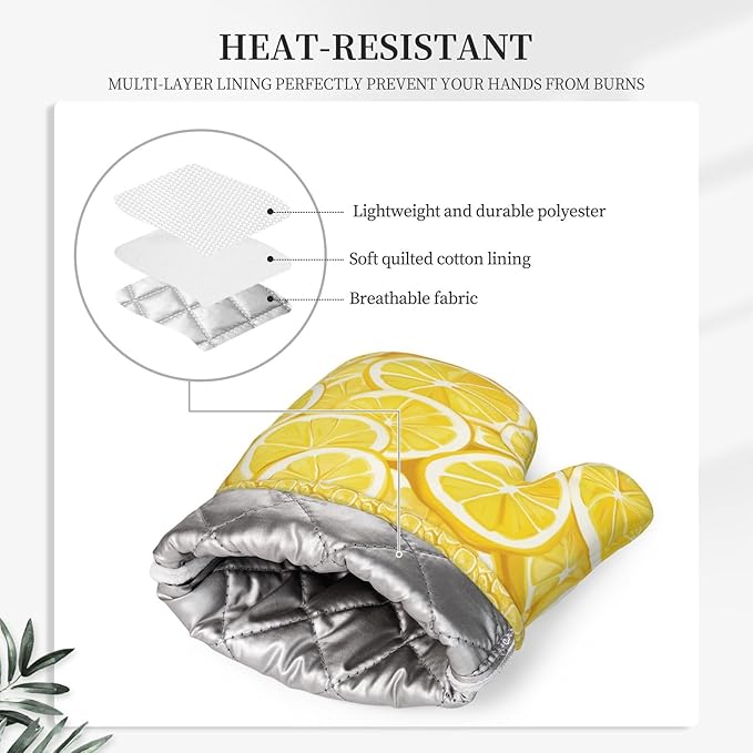 Oven Mitts and Pot Holders Lemon Watercolor Yellow Silicone Kitchen Accessories Set of 4 Heat Resistant Long Gloves Potholder Non-Slip Grip for Chef Cooking Baking Grilling BBQ