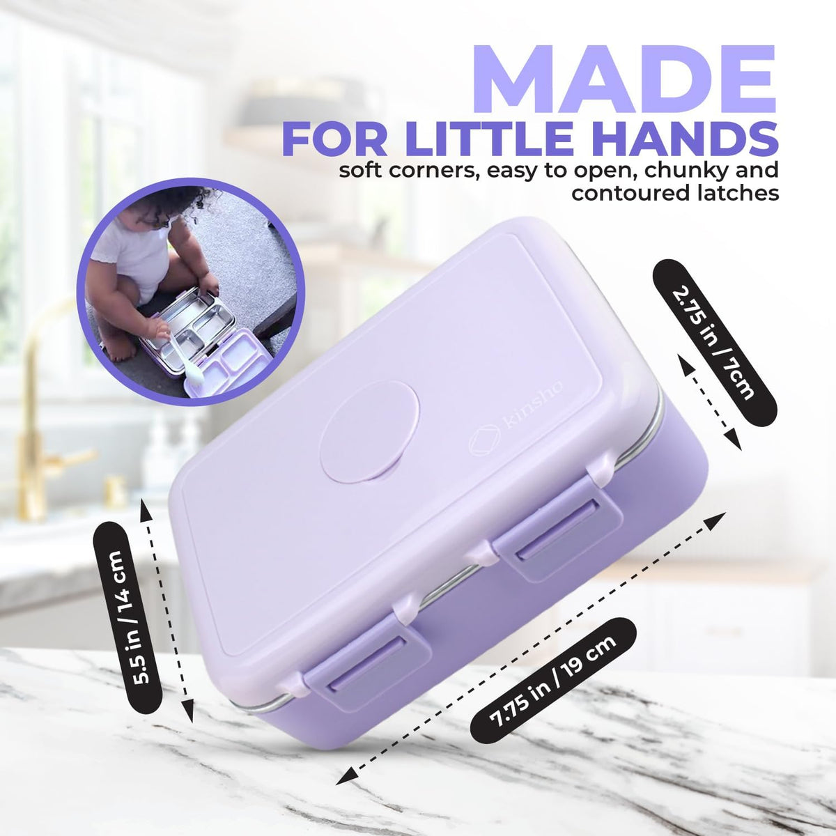 Small Stainless Steel Lunch Box for Baby Toddlers Girls, Mini Bento, 3 Eco Metal Portion Sections Leakproof Lid, Pre-School Daycare Lunches, Toddler Spill-Proof Snack Container, 18 oz/550 mL Purple