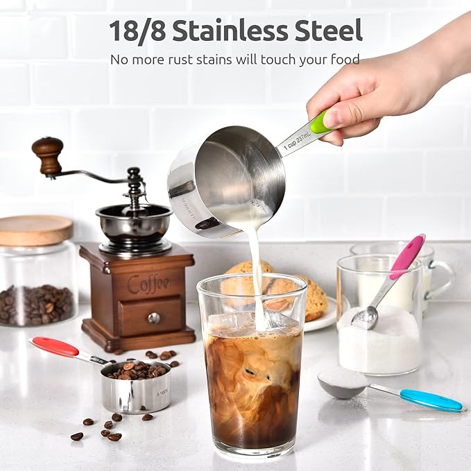 U-Taste 12 Piece Measuring Cups and Spoons Set in 18/8 Stainless Steel, and 600ºF Heat Resistant 13 inch Large Non-Stick Silicone Soup Ladle (Aqua Sky)
