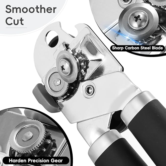 Can Opener Manual, UHIYEE Hand Held Manual Can Openers Heavy Duty with Smoother Cut Sharp Blade, Manual Hand Can Open with Soft Handle, Easy to Turn Knob, Magnetic Lid Lifter, Black