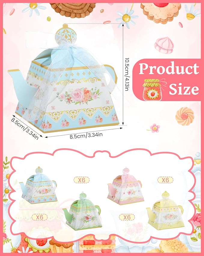 Liobelon 24 PCS Floral Tea Party Favor Gift Boxes Teapot Candy Boxes Vintage Flower Treat Boxes Mini Teapot Favor Boxes with Ribbon for Tea Garden Wedding Bridal Birthday Baby Shower Party Supplies