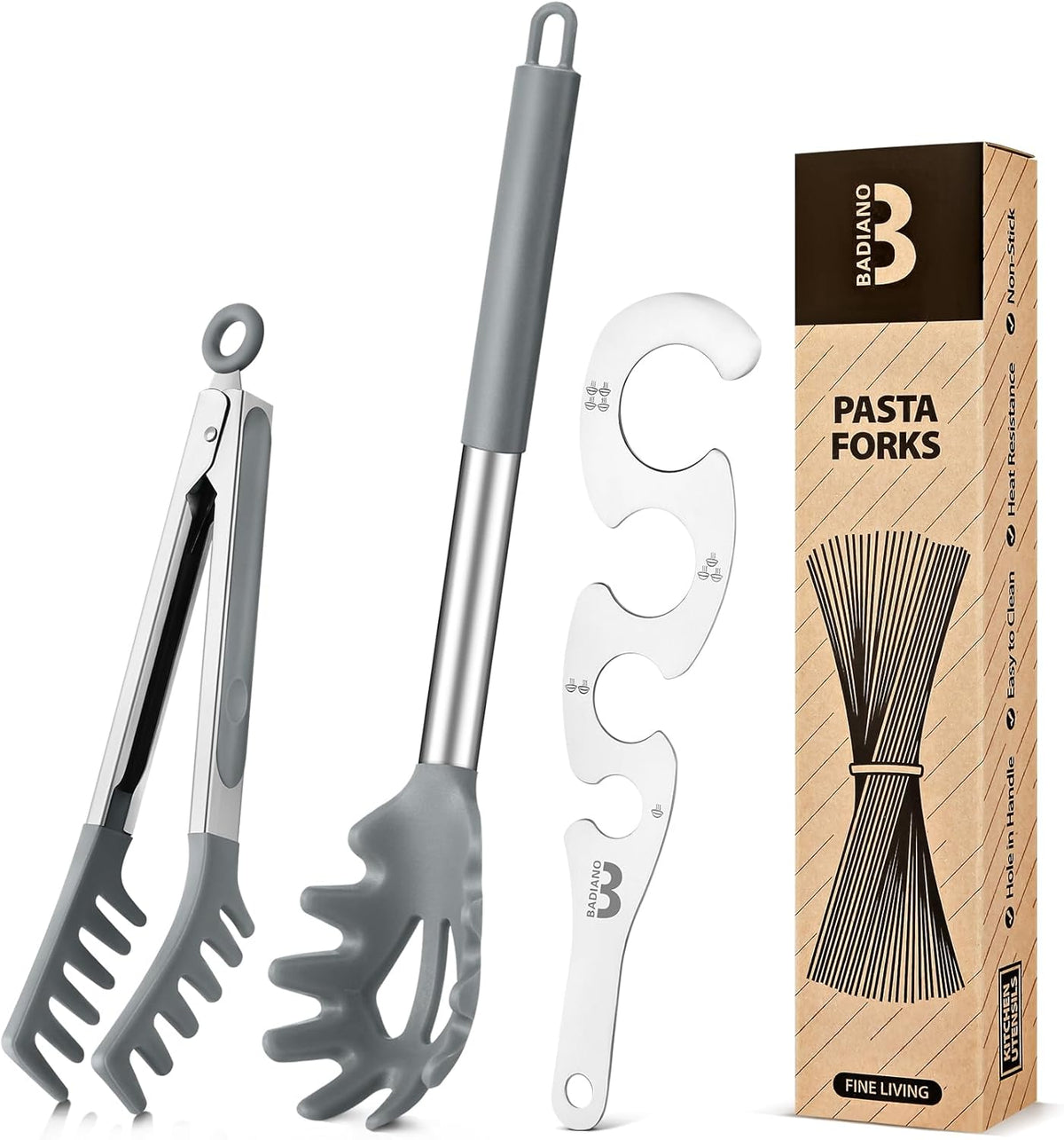 Silicone Spaghetti Spoon & Pasta Tong With Pasta Measurer, 3 Pack of Non-Stick Stainless Steel Handle Pasta Fork Set with Teeth, Food Clip for Easy Serving of Noodles (GREY)