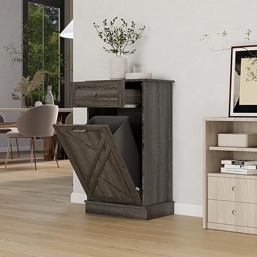 Tilt Out Trash Cabinet-Free Standing Kitchen Waste Bin-Wooden Recycling Trash Cabinet with Drawer-Oak Grey