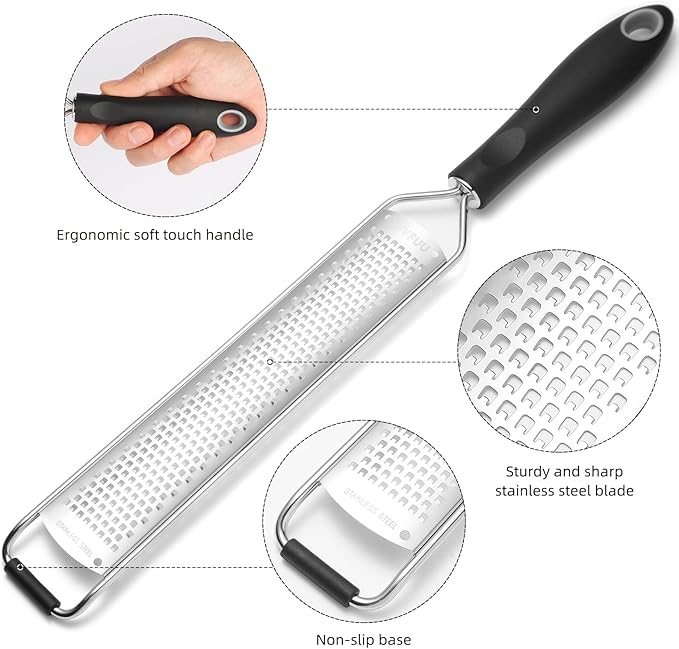 Premium Lemon Zester Grater,Kitchen Tool for Parmesan Cheese, Lemon, Ginger, Garlic, Nutmeg, Chocolate, Vegetables, Fruits,Sharp Stainless Steel Blade,Dishwasher Safe (Black)