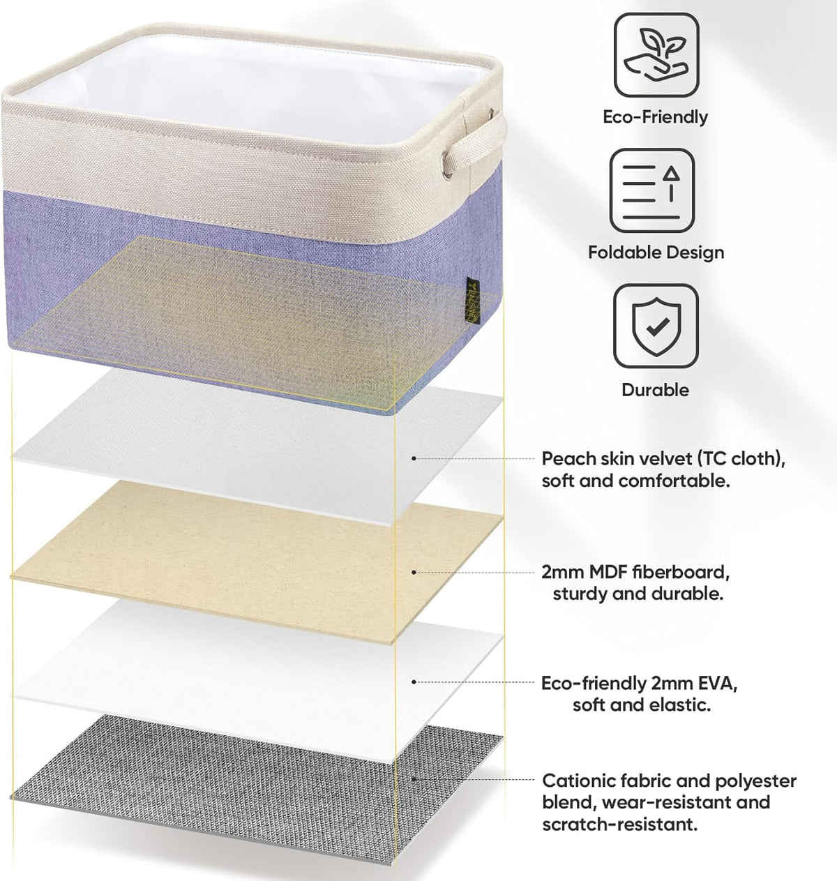BALEINE 1 Pack Fabric Storage Bins for Shelves, Linen Storage Baskets for Organizing, Decorative Closet Bins for Clothes, Home (Lavender, 15''x11''x9.5'')