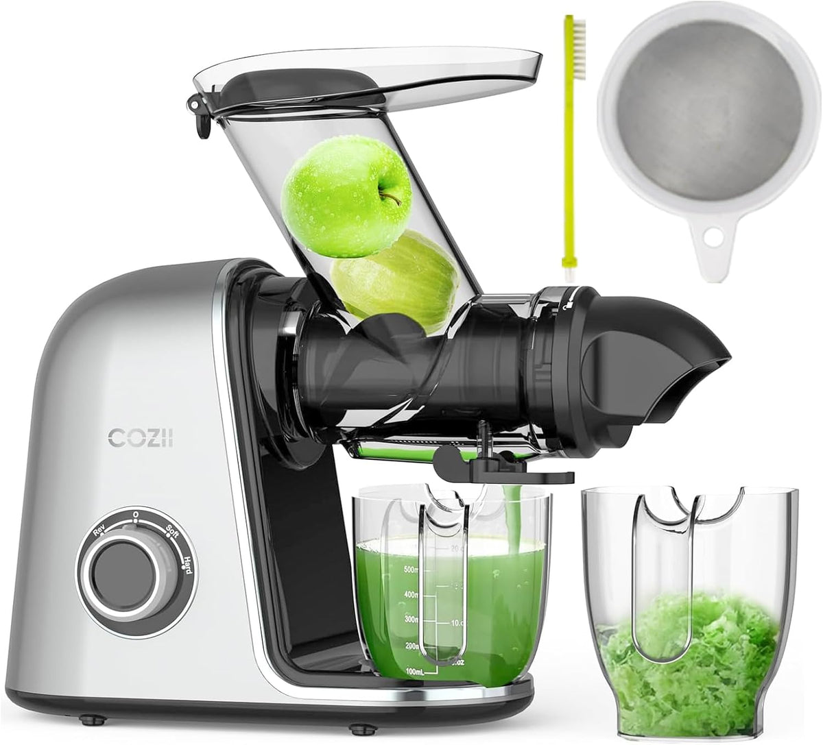 COZII Cold Press Juicer Extractor, Slow Masticating Juicer Soft/hard Mode, 3.6" Large Feed Chute For Vegetable and Fruit, Easy to Clean, Quiet Motor, High Juice Yield, Dishwasher Safe