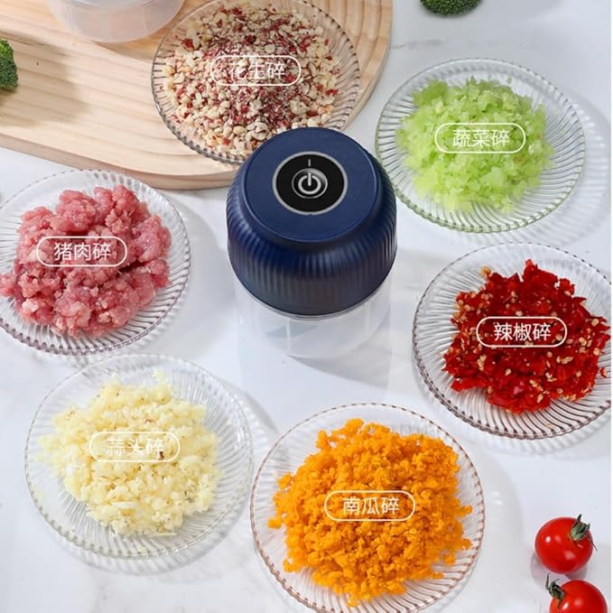 300ML USB Rechargeable Electric Garlic Chopper, Mini Portable Veggie Cutter with Eggbeater&4/6 Knife Heads, Veggie Chopper with Container and Lid, Vegetable Crusher (White A)