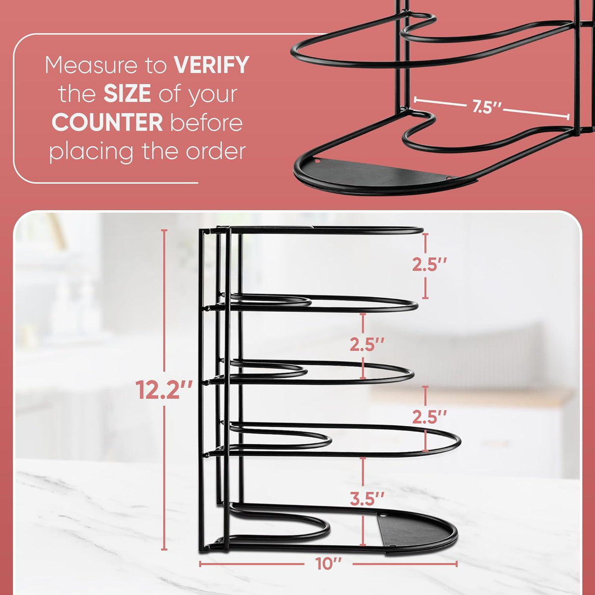 Heavy-Duty Pots and Pans Organizer | 5-Tier Cookware & Lid Storage Rack | Free-Standing or Wall-Mount | Kitchen Organizer for Cast Iron Skillets, Pots, Frying Pans, Lids | Black