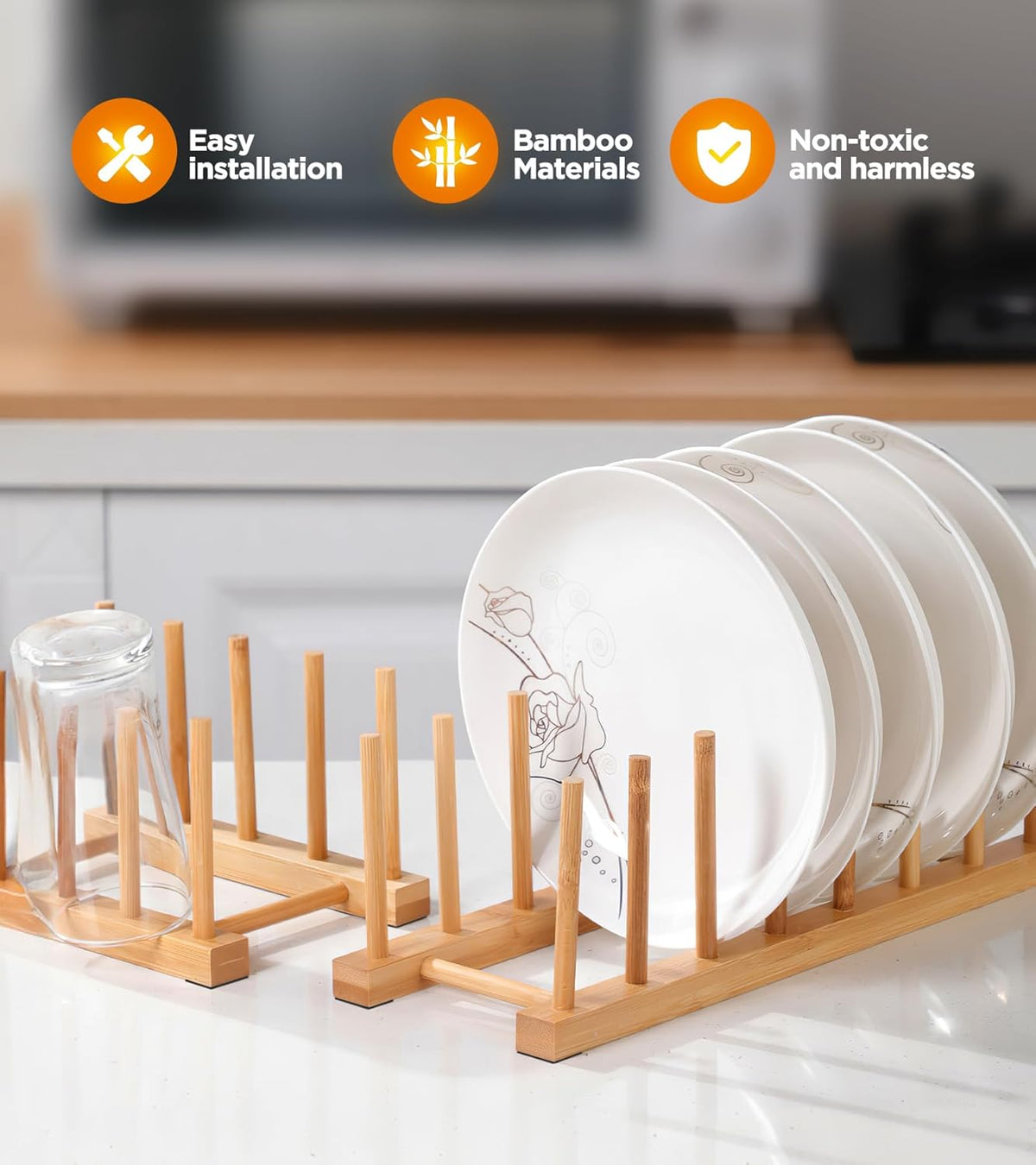 Bamboo Dish Drying Rack, 4 Pack Wooden Storage Holder Organizer for Plate/Bowl/Cup/Book/Pot/Lid/Cutting Board Drying Rack Stand Holder