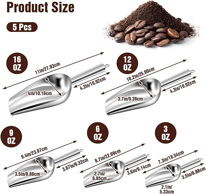 5 Pack 3/6/9/12/16 Ounce Stainless Steel Ice Scoops, Metal Food Scoop with Hanging, Kitchen Utility Scoops Rust-proof Candy Ice Cube for Party Wedding Popcorn Dog Food Potted Plants