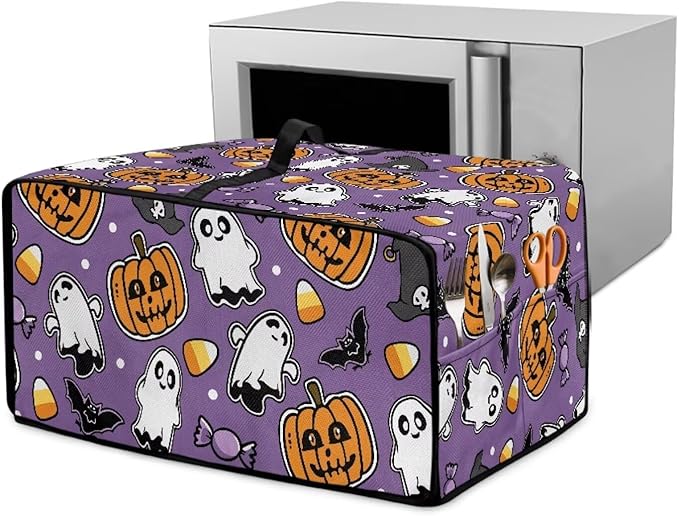 Air Fryer Toaster Oven Cover with Side Pockets, Protective Electrical Appliance Cover Kitchen Countertop Accessories, M, Ghost Pumpkin Bat Candy Violet Halloween Decor