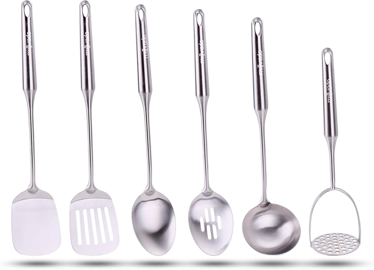 Stainless Steel Kitchen Utensil Set, Cooking Utensils, Set of 6 Kitchen Tools, Solid Spoon, Slotted Spoon, Solid Turner, Slotted Turner, Soup Ladle, Potato Masher, Dishwasher Safe