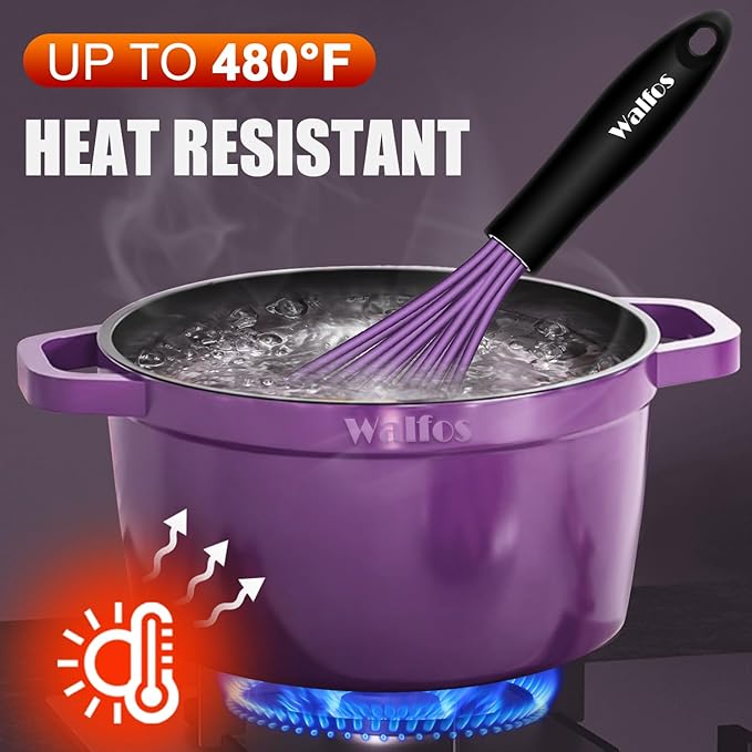 Walfos Whisk, Silicone Whisks Set of 5, Mini Stainless Steel Whisk 7+5in & Non Scratch Coated 7+9+11in Whisks, Suitable for Blending, Whisking, Beating, Frothing & Stirring. (Purple)