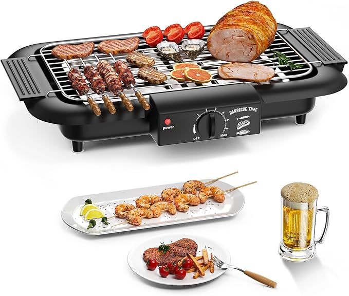 Electric BBQ Grill, Smokeless Non-Stick Indoor/Outdoor Barbecue Grill, 2000W Double tube High Power Portable Removable Stand Grill for BBQ Party (Elegant Black)