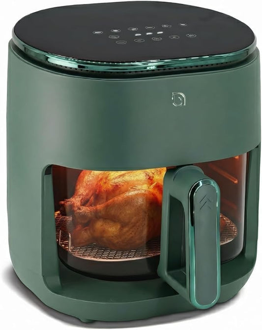 WILLOW Eco Series 6 in 1 Air Fryer with Glass Basket, 5 Quart Non Toxic Air Fryer w Digital Display, 430°F Max Temp, Preheat & Keep Warm Function, Compact + Dishwasher Safe Glass Airfryer - GREEN