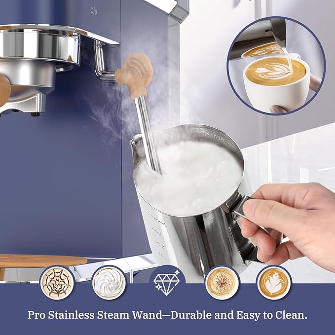 Laekerrt 20 Bar Espresso Maker CMEP01 with Milk Frother Steamer, Home Expresso Coffee Machine for Cappuccino and Latte (Navy Blue, Stainless Steel) Gift for Coffee Lovers, Father